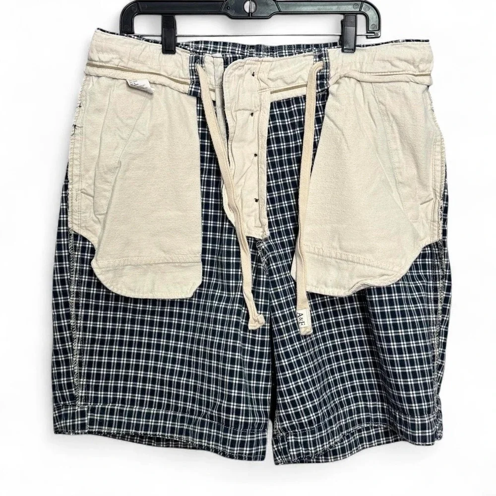 Abercrombie Fitch Men's 34 Blue Plaid Button Fly Drawstring Shorts Y2K Skater